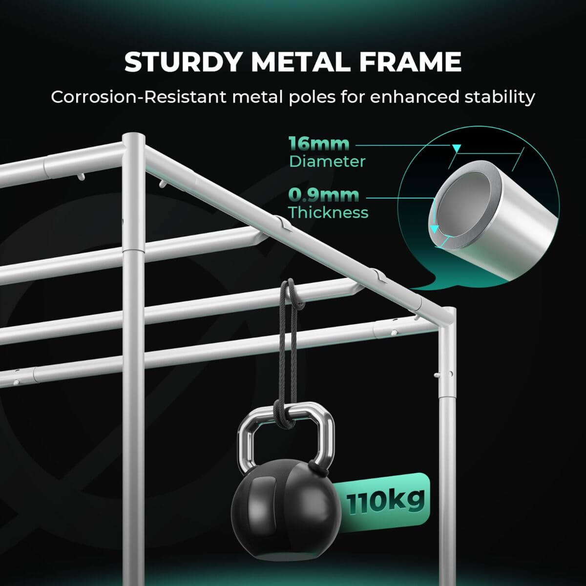 Sturdy metal frame of grow tent with corrosion-resistant poles, designed for durability and stability.