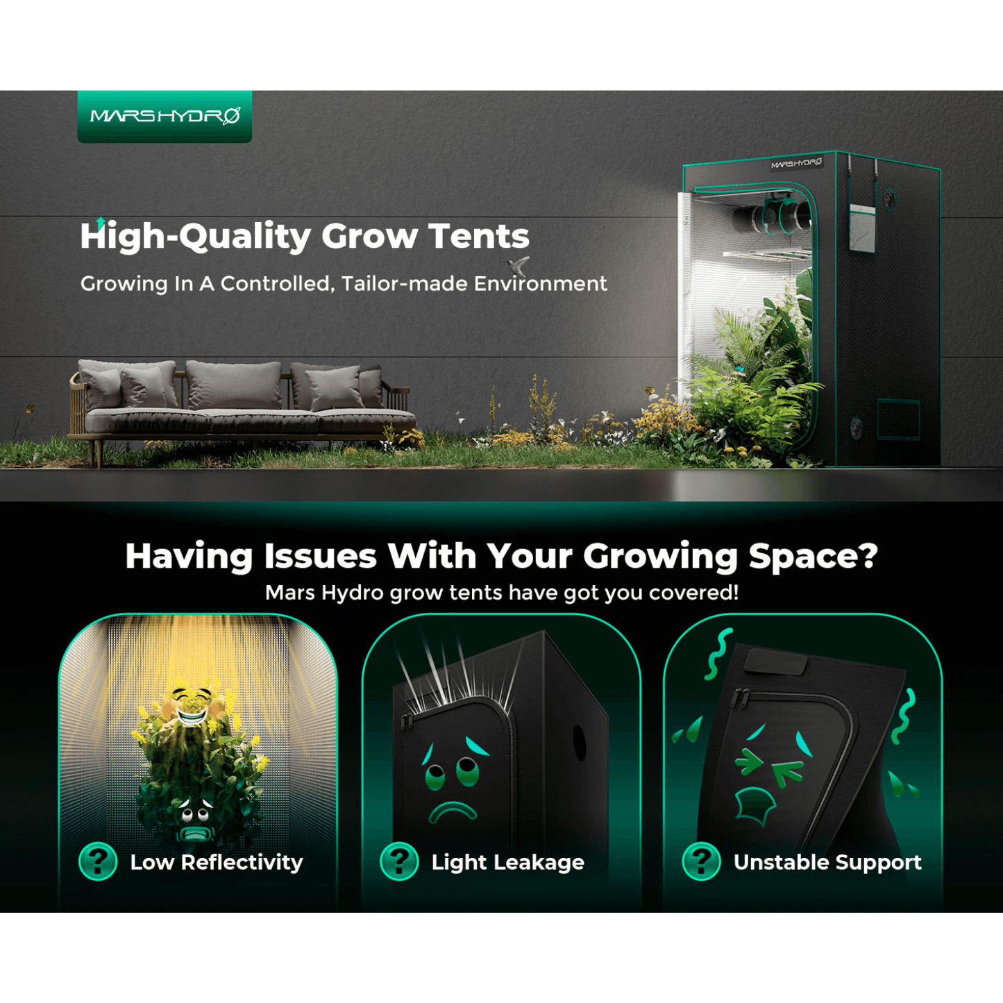 Mars Hydro high-quality grow tents image highlighting issues like low reflectivity, light leakage, and unstable support.