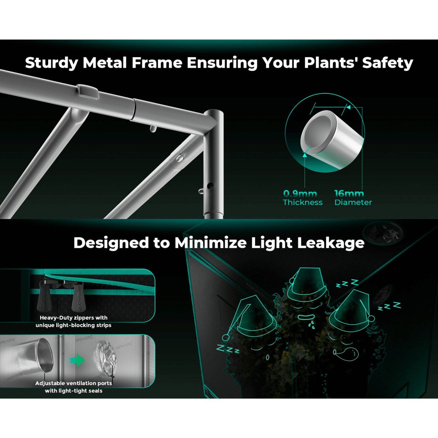 Image showcasing the sturdy metal frame and light-blocking features of the Mars Hydro indoor grow tent.