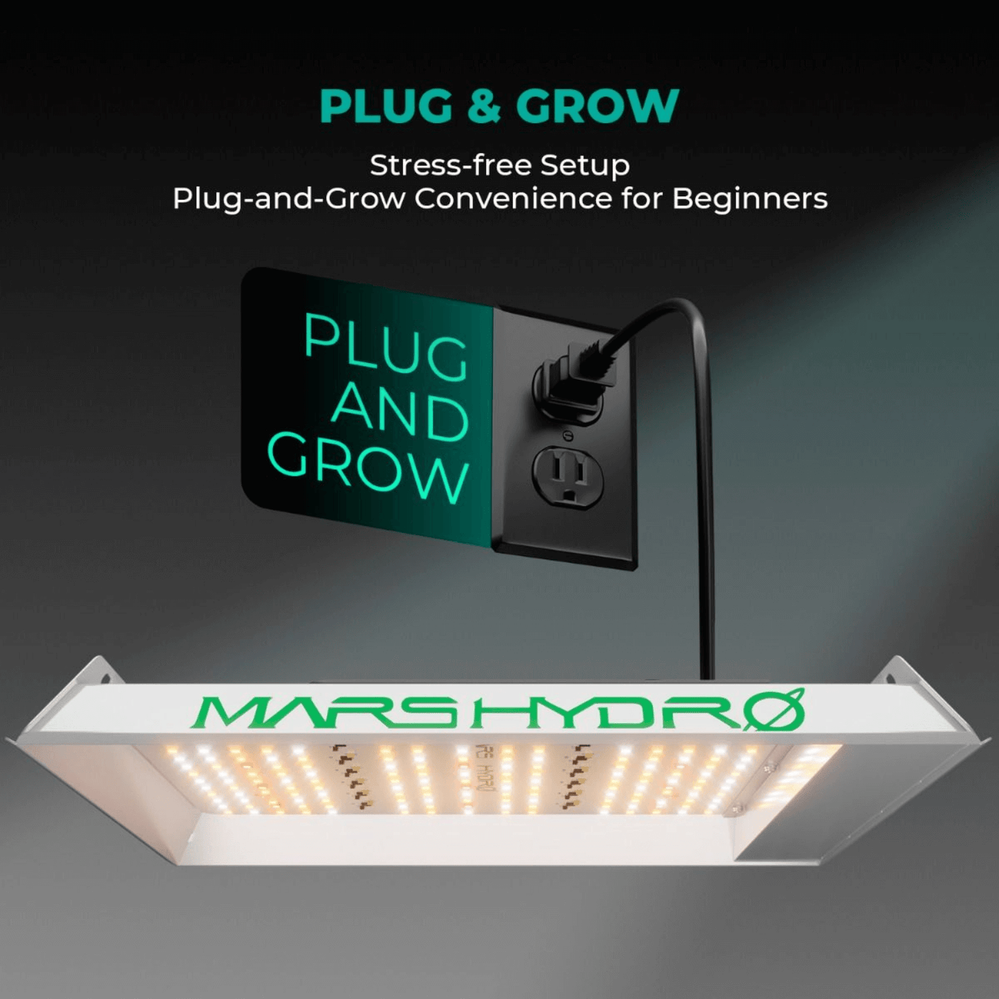 Mars Hydro TS 600 LED grow light emphasizing its plug-and-grow feature for easy setup for beginners.