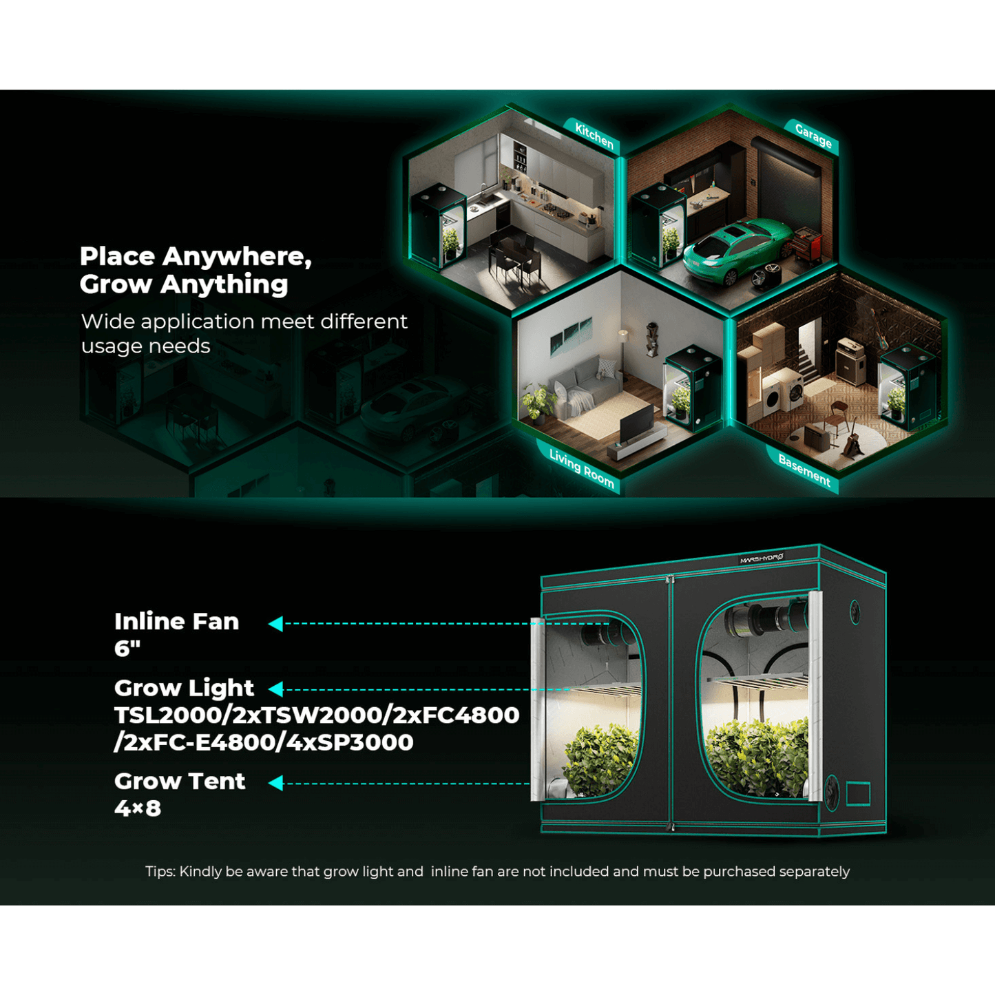 Overview of Mars Hydro grow tent usage with inline fan and grow light options in various indoor settings.