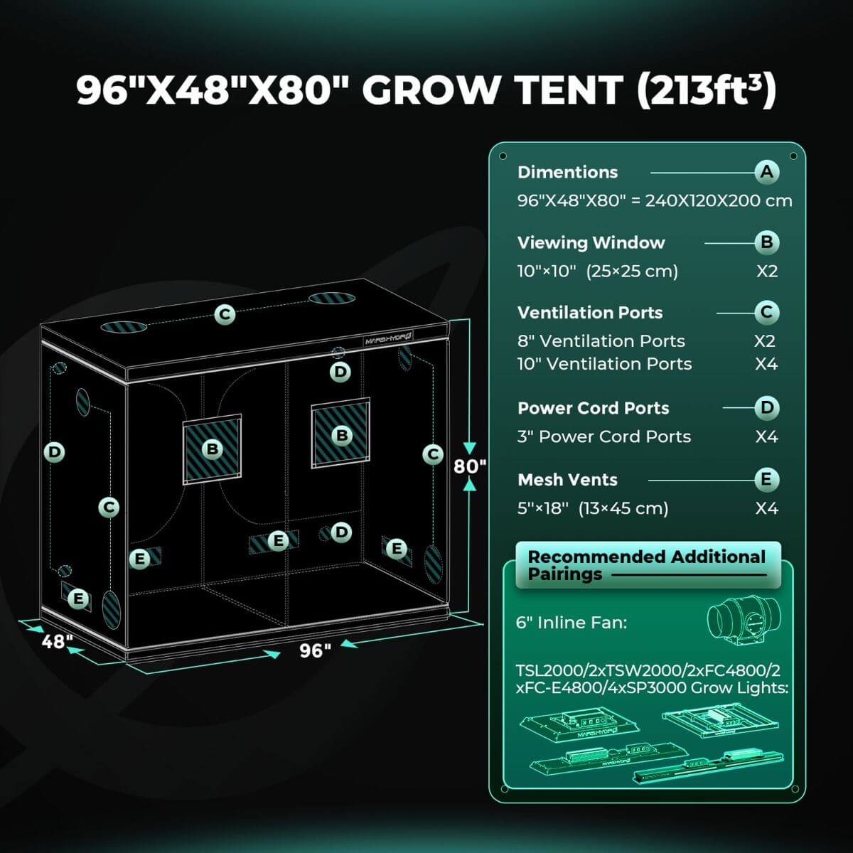 Mars Hydro 96"x48"x80" indoor grow tent dimensions and features diagram.