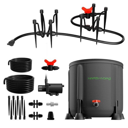 Mars Hydro Drip Irrigation Kit components including tubing, emitters, pump, and foldable bucket for indoor gardening.