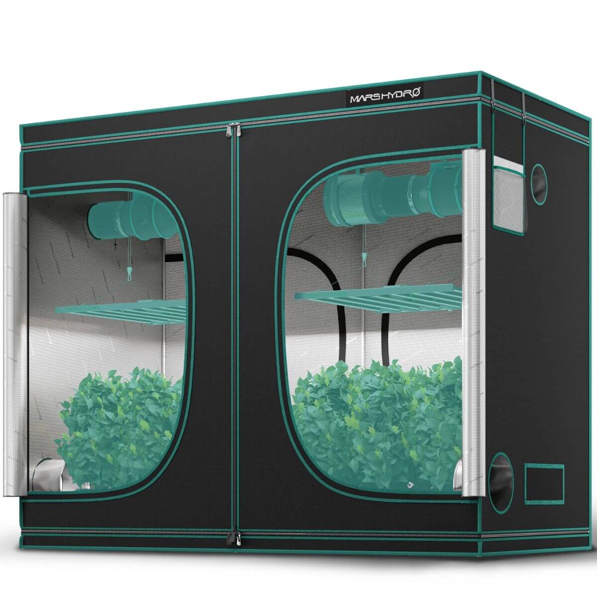 Mars Hydro 4' x 8' indoor grow tent with lush green plants inside, featuring durable design and easy observation windows.