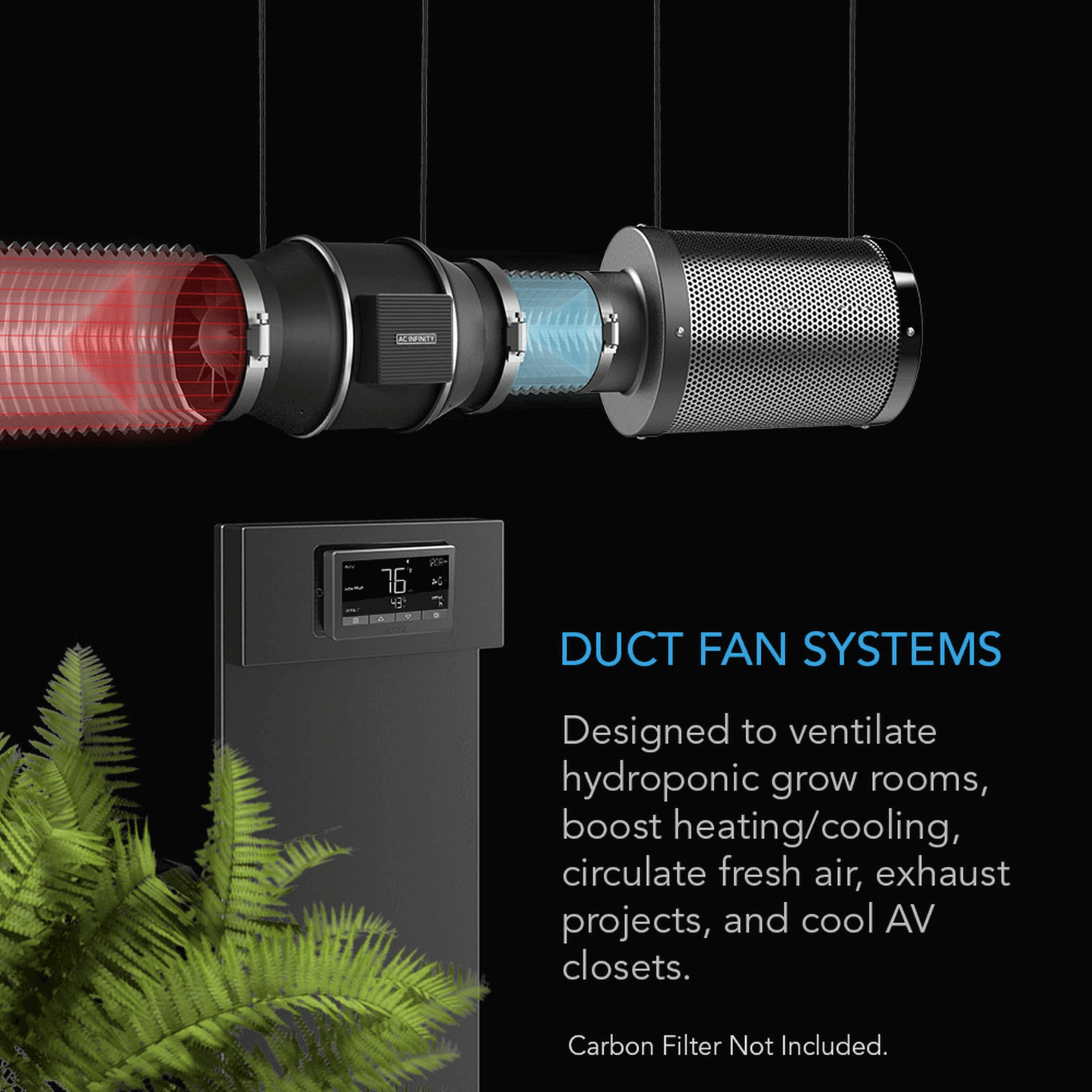 AC Infinity CLOUDLINE T4 duct fan system with temperature controller for hydroponics, cooling, and AV closet ventilation.
