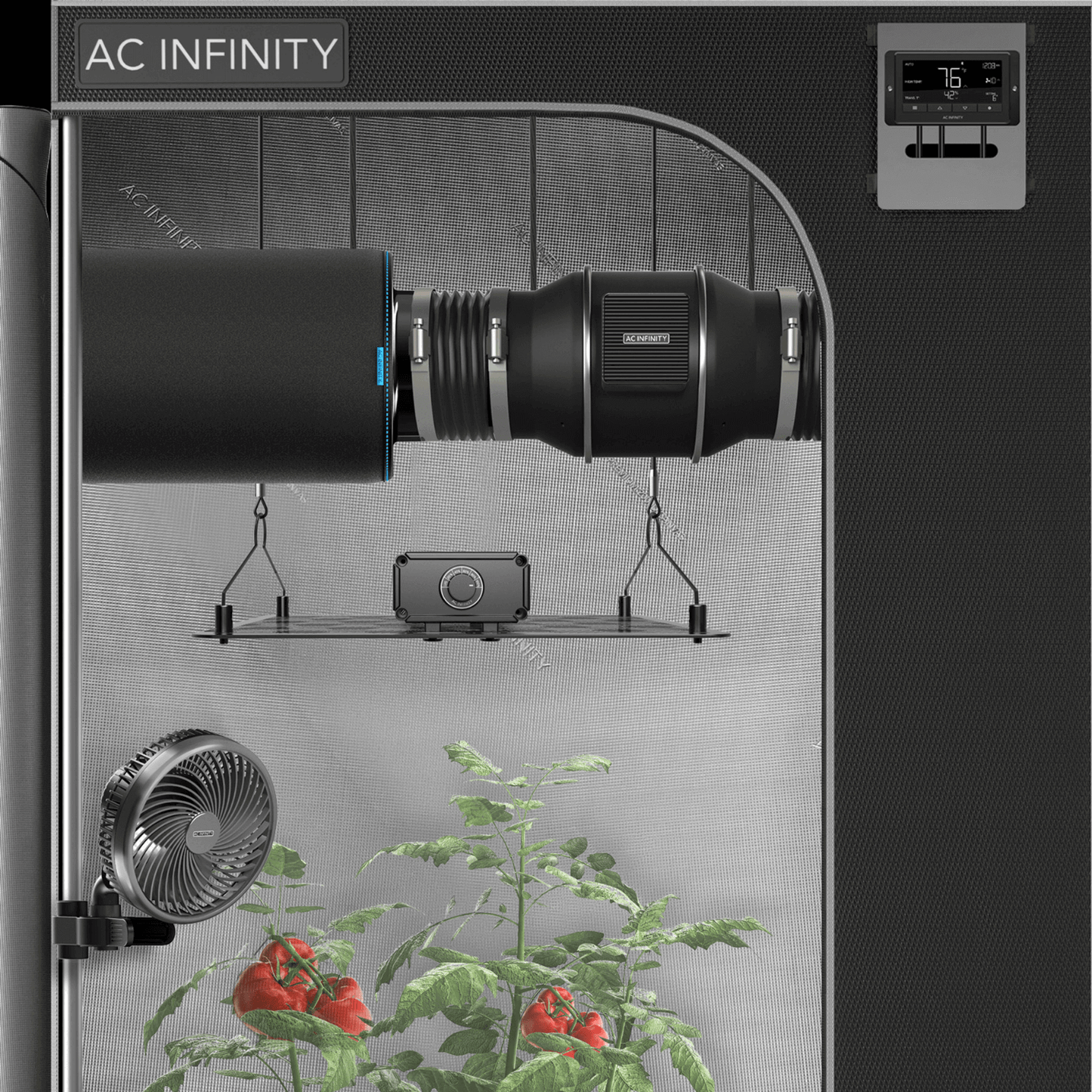 AC Infinity CLOUDLINE T4 duct fan system in grow tent with temperature and humidity controller for hydroponics.