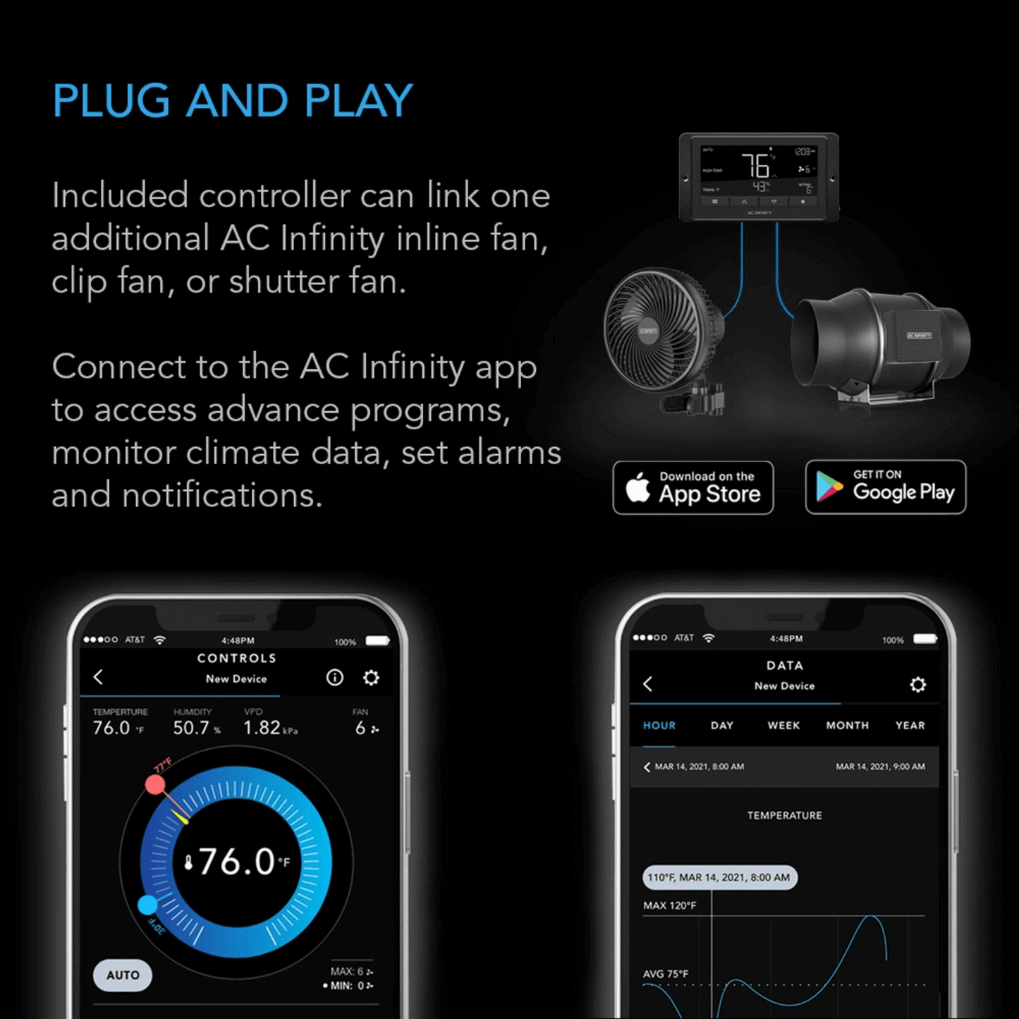 "AC Infinity app interface for controlling CLOUDLINE T4 quiet inline duct fan with temperature and humidity controller"