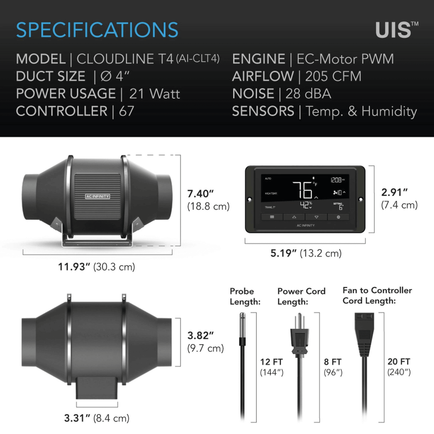 "AC Infinity CLOUDLINE T4 Inline Duct Fan Specifications with Temperature and Humidity Controller"