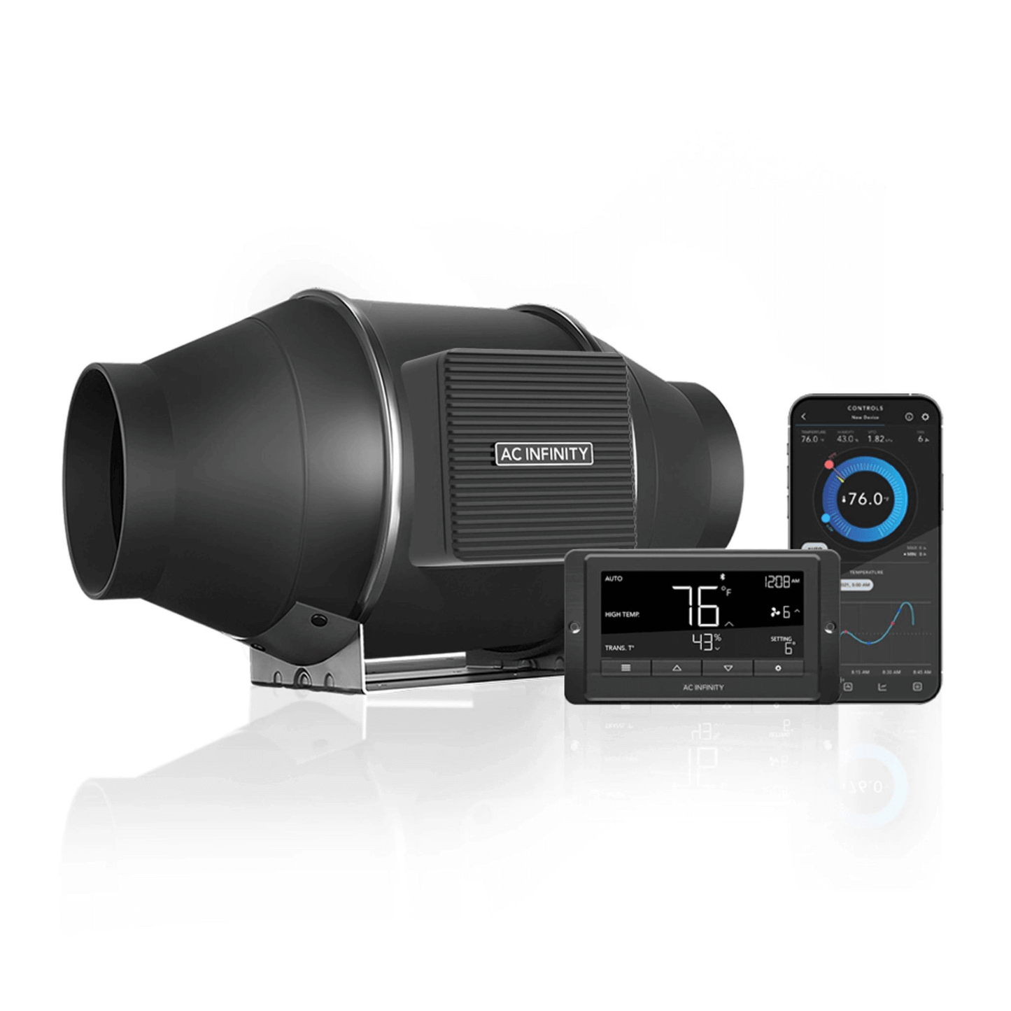 AC Infinity CLOUDLINE T4 duct fan with temperature and humidity controller for hydroponics and climate control.