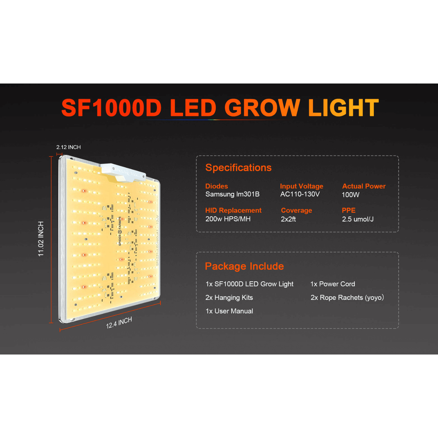 Spider Farmer SF1000D 100W Full Spectrum LED Grow Light | SPIDER-SF-1000-D | Grow Tents Depot | Grow Lights | 6973280374908