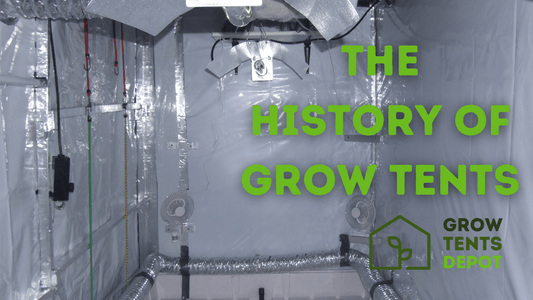 Inside view of a grow tent with text overlay "The History of Grow Tents" and Grow Tents Depot logo.