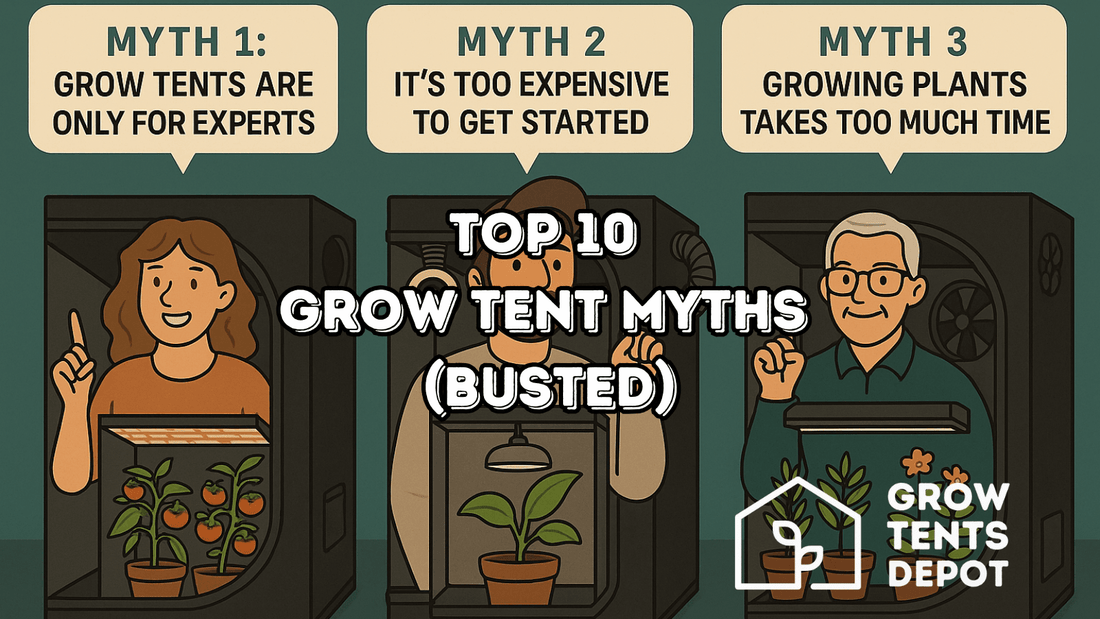 Illustration of grow tent myths: expert exclusivity, cost, and time, highlighting common misconceptions about indoor gardening.