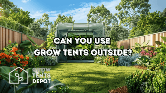 Outdoor grow tent setup in a backyard surrounded by lush plants and greenery, exploring if grow tents can be used outside.