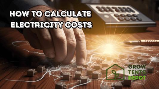 Calculating electricity costs for indoor garden using a calculator with light effect, Grow Tent Depot logo visible.