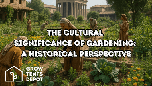 Historical depiction of gardening's cultural significance with figures tending to a lush garden.