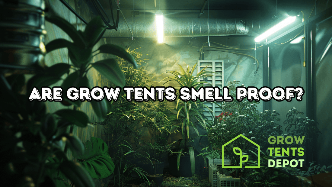 Indoor gardening setup with plants inside a grow tent, featuring the text "Are Grow Tents Smell Proof?" and Grow Tents Depot logo.