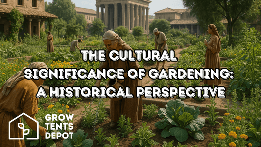 Historical depiction of gardening's cultural significance with figures tending to a lush garden.