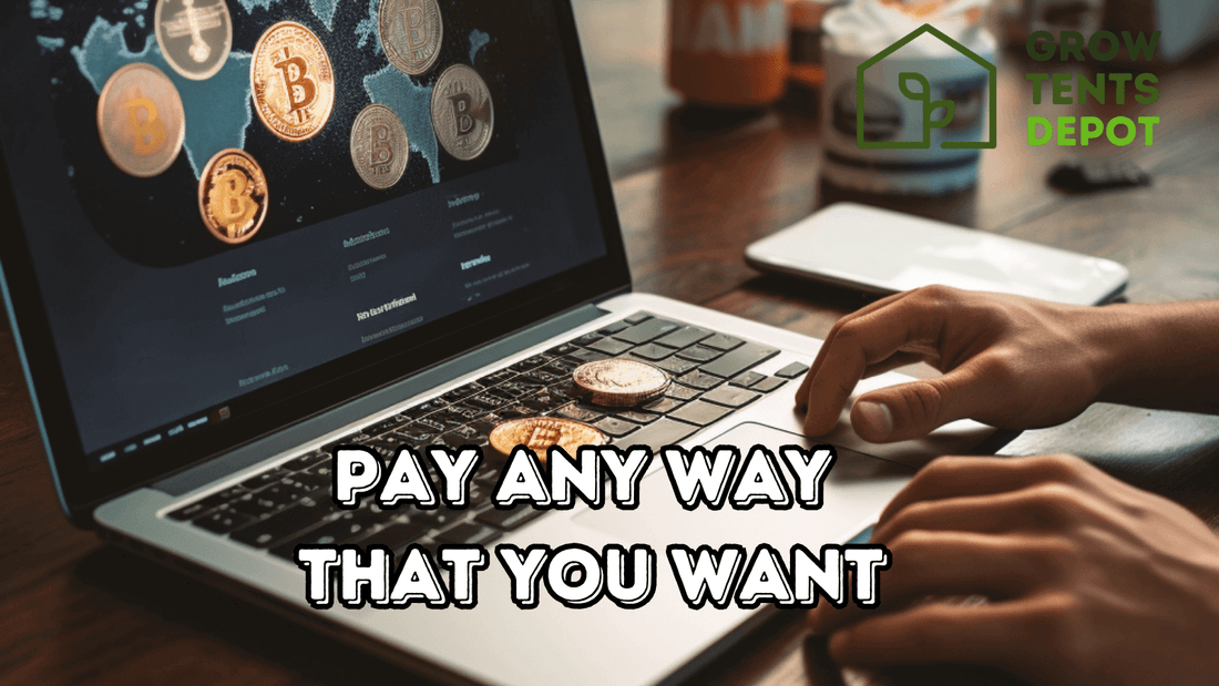 "Grow Tents Depot payment options including cryptocurrency displayed on laptop screen"