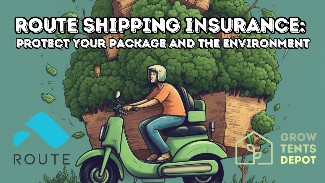 Route shipping insurance campaign with eco-friendly package delivery, showcasing a rider on a green scooter and lush surroundings.