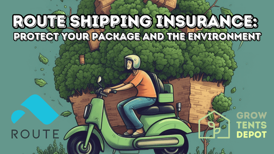 Route shipping insurance campaign with eco-friendly package delivery, showcasing a rider on a green scooter and lush surroundings.