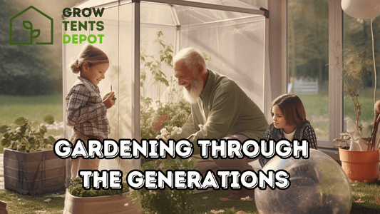 Grandpa teaching kids about gardening in a backyard greenhouse, symbolizing the tradition of growing vegetables through generations.