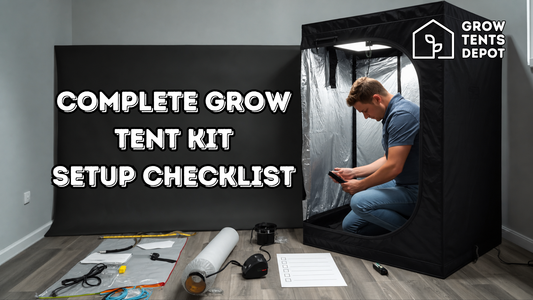 Complete grow tent kit setup checklist showing a person assembling a black grow tent with ducting, tools, a measuring tape, and a blank checklist.
