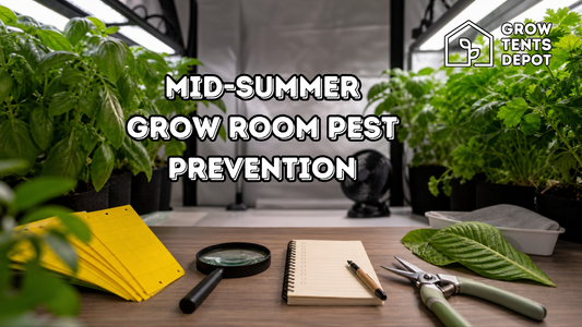 Grow room pest prevention checklist with sticky traps, magnifier, pruning shears, and healthy indoor plants