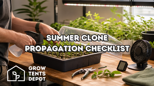 Summer clone propagation tray with humidity dome, fan, meter, and pruning tools on an indoor grow-room workbench