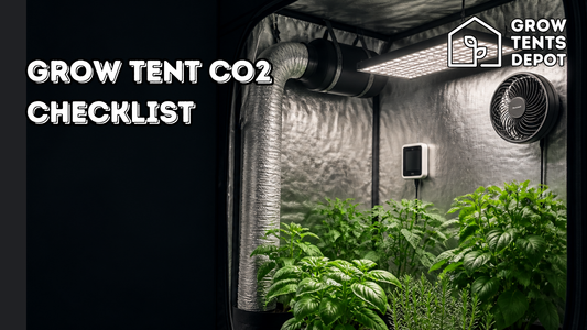 Grow tent CO2 checklist graphic with an indoor tent, plants, airflow ducting, circulation fan, and environmental monitor.