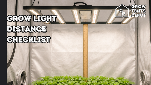 Grow light distance checklist graphic with an LED fixture above an indoor canopy and a vertical ruler.