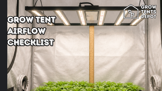 Grow tent airflow checklist graphic with an indoor tent, circulation fan, ducting, filter, and LED fixture.