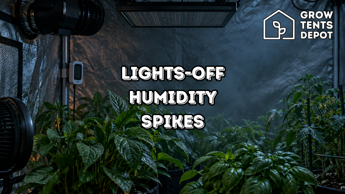 Lights-off humidity spikes in a dark grow tent with healthy plants, a humidity sensor, circulation fans, and the Grow Tents Depot logo.