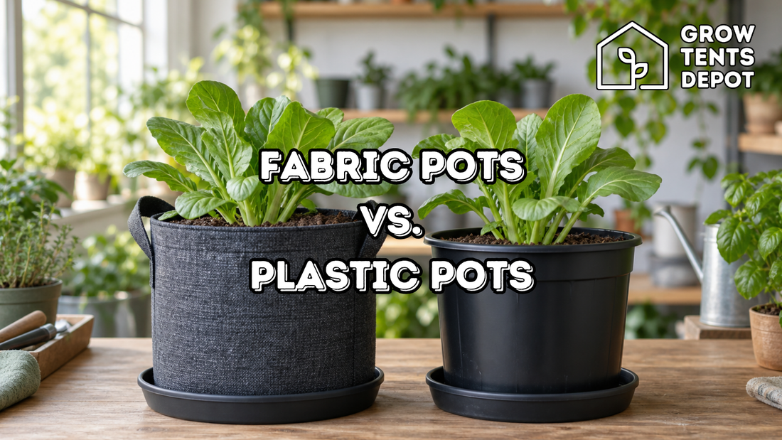 Fabric pots and plastic pots with leafy vegetables on an indoor potting bench, with the Grow Tents Depot logo.
