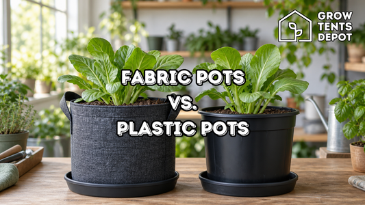 Fabric pots and plastic pots with leafy vegetables on an indoor potting bench, with the Grow Tents Depot logo.