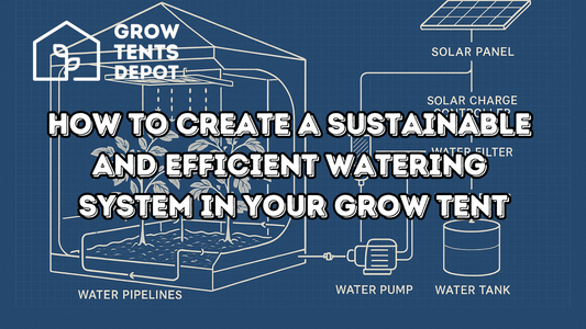 Diagram illustrating a sustainable watering system for grow tents with components like water pipelines and a solar panel.