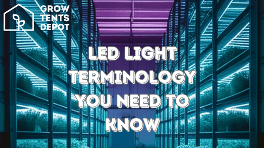 LED grow lights in shelving for indoor gardening with text overlay "LED Light Terminology You Need to Know" from Grow Tents Depot