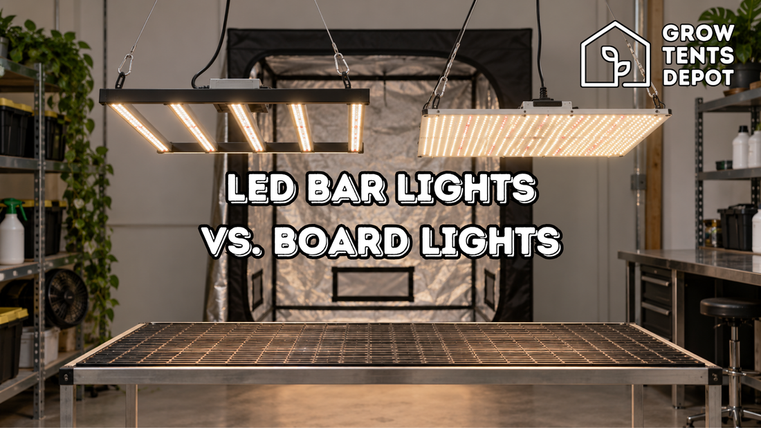 LED bar lights and a board light hanging over an empty workbench in an indoor-gardening workshop.