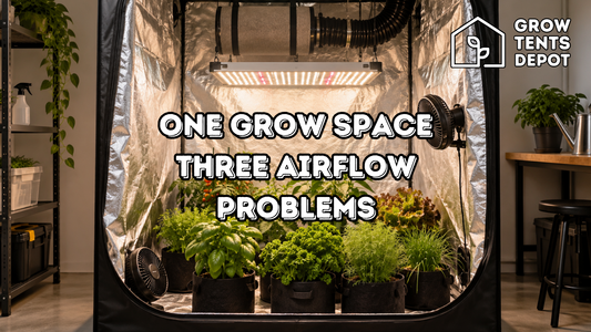 Three airflow problems in one grow tent: heat above the canopy, still rear corners, and inward-pulled walls around an intake and exhaust path.