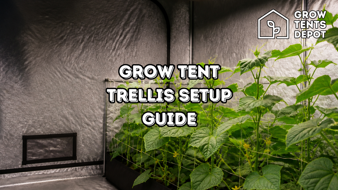 Grow tent trellis setup guide showing indoor plants supported by a trellis, with the Grow Tents Depot logo.