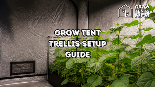 Grow tent trellis setup guide showing indoor plants supported by a trellis, with the Grow Tents Depot logo.