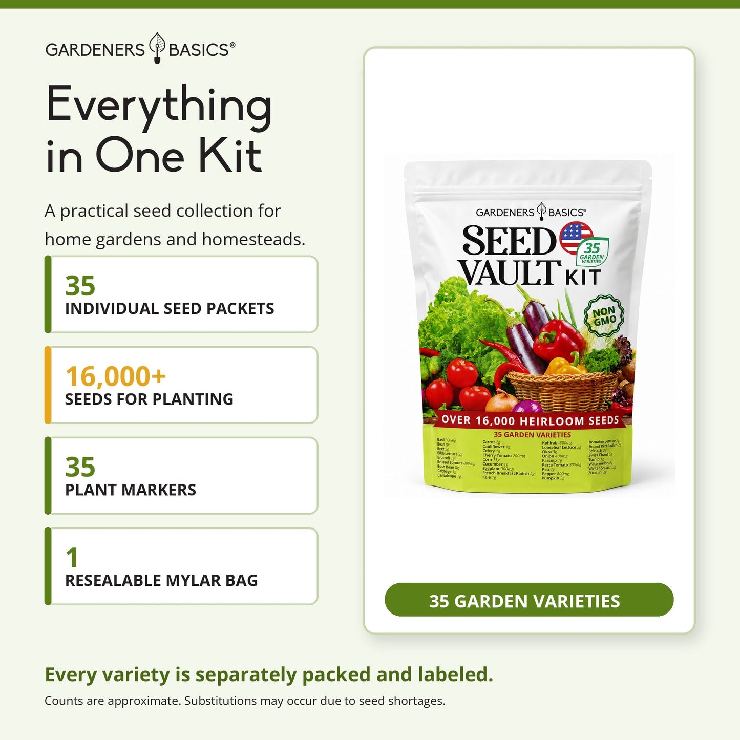 Gardeners Basics Vegetable Seed Vault Kit | 35 Variety Pack