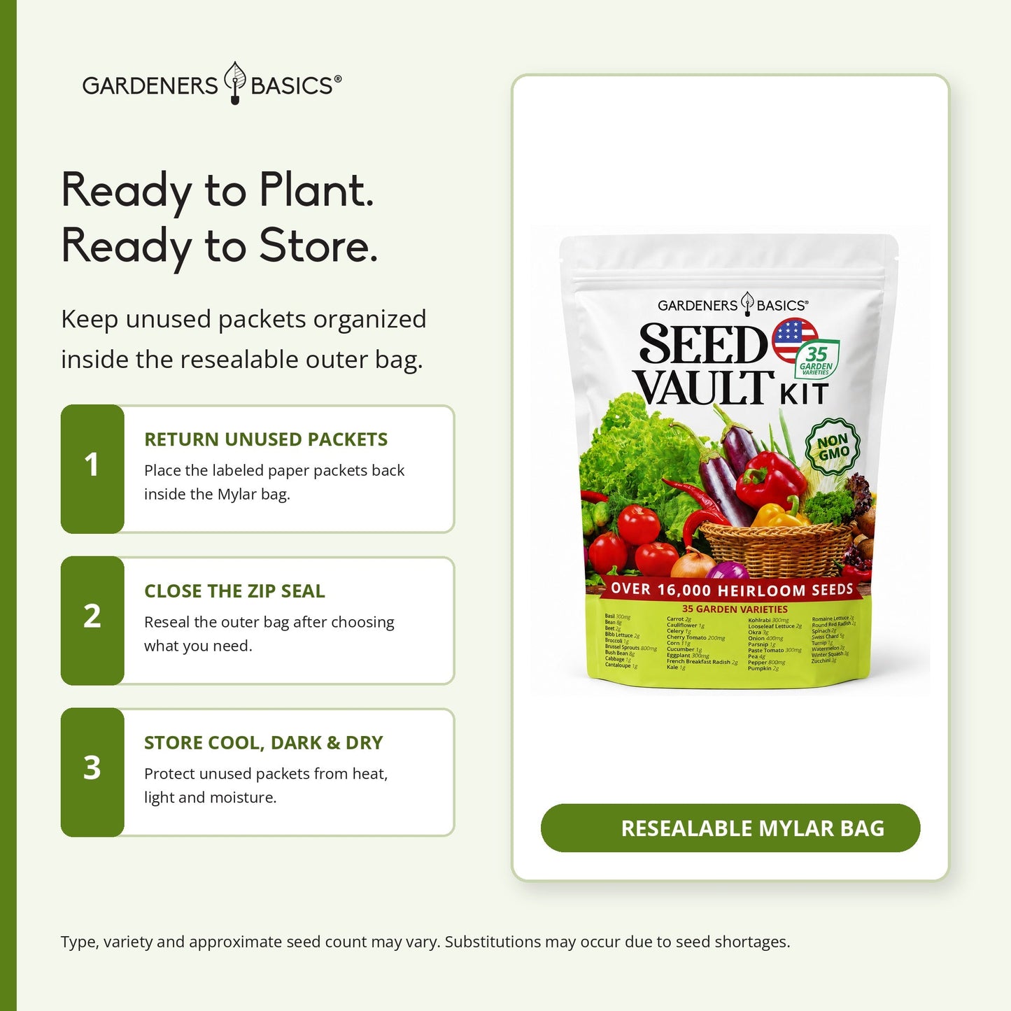 Gardeners Basics Vegetable Seed Vault Kit | 35 Variety Pack