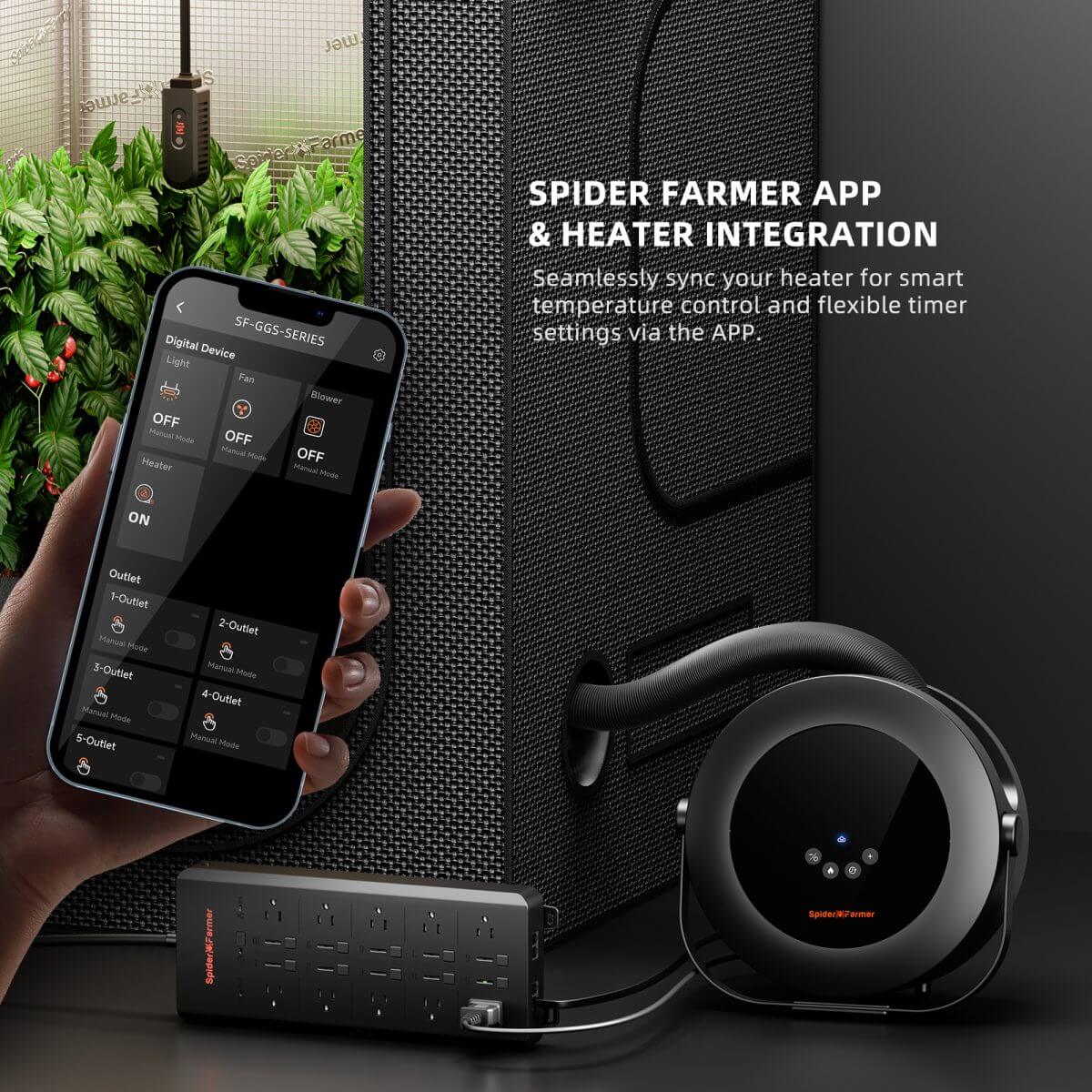 Spider Farmer app and heater integration for smart temperature control and flexible timer settings.