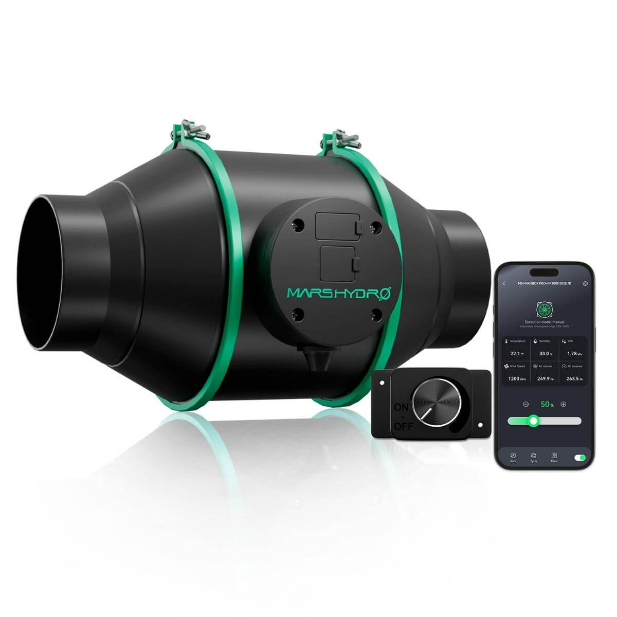 Mars Hydro 4" Smart Inline Duct Fan with smart controller and phone app for innovative airflow management.