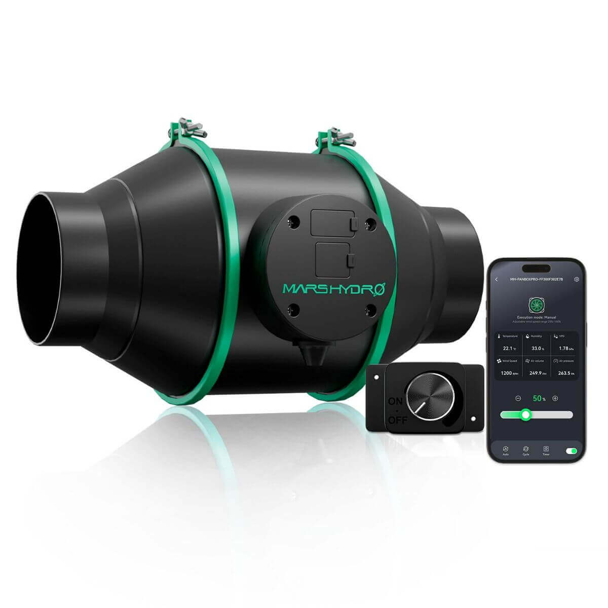 Mars Hydro 4" Smart Inline Duct Fan with smart controller and phone app for innovative airflow management.