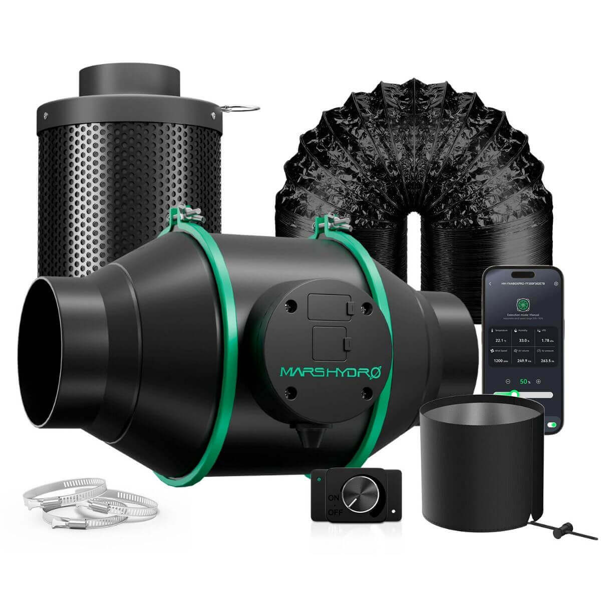 Mars Hydro 4" smart inline duct fan and carbon filter kit with phone app control and accessories.
