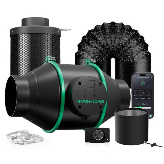 Mars Hydro 4" smart inline duct fan and carbon filter kit with phone app control and accessories.