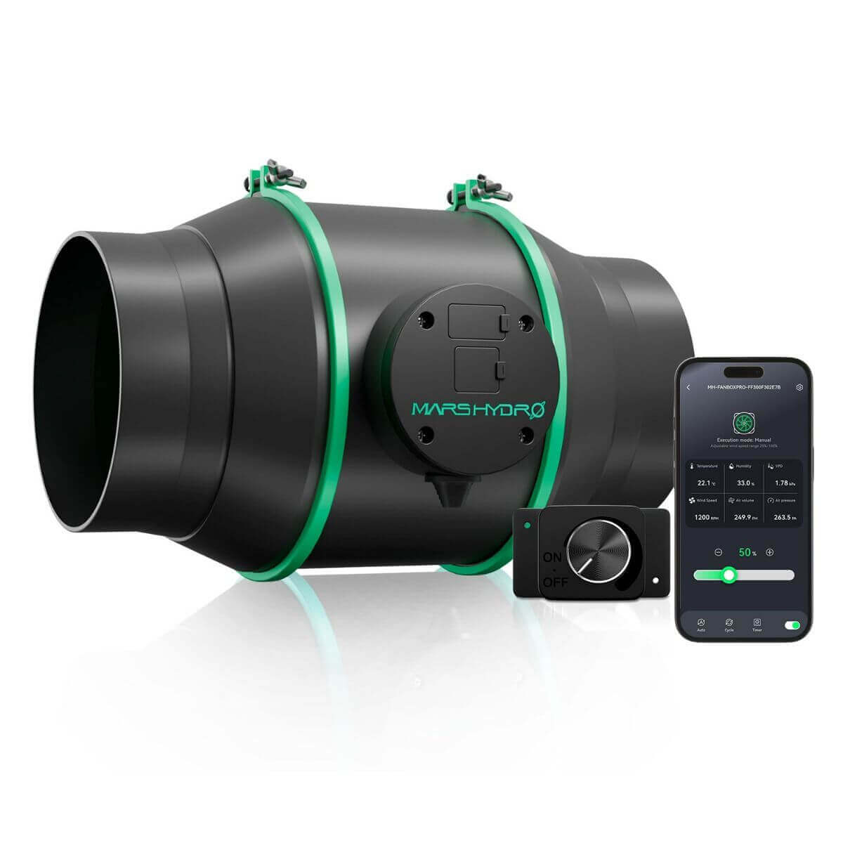 Mars Hydro iFresh 6" Smart Inline Duct Fan with controller and app for automated ventilation management.