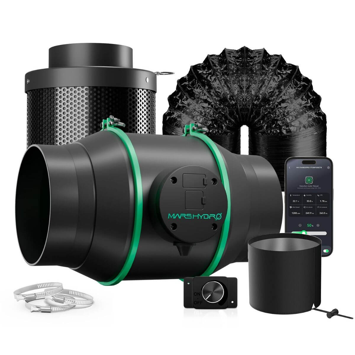 Mars Hydro iFresh 6" smart inline duct fan and carbon filter combo kit for efficient ventilation.