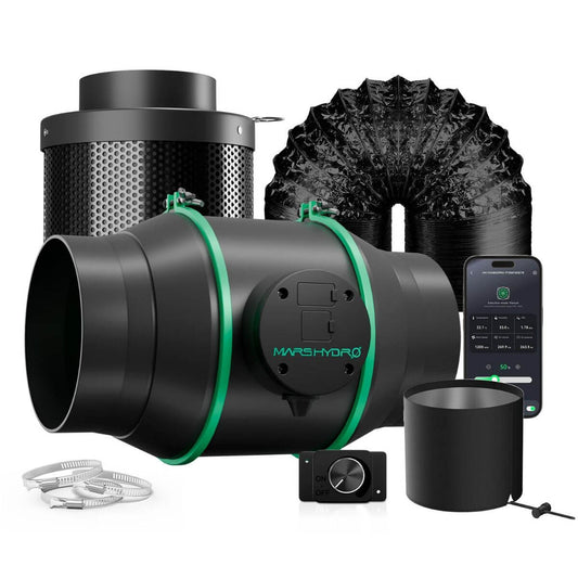 Mars Hydro iFresh 6" smart inline duct fan and carbon filter combo kit for efficient ventilation.